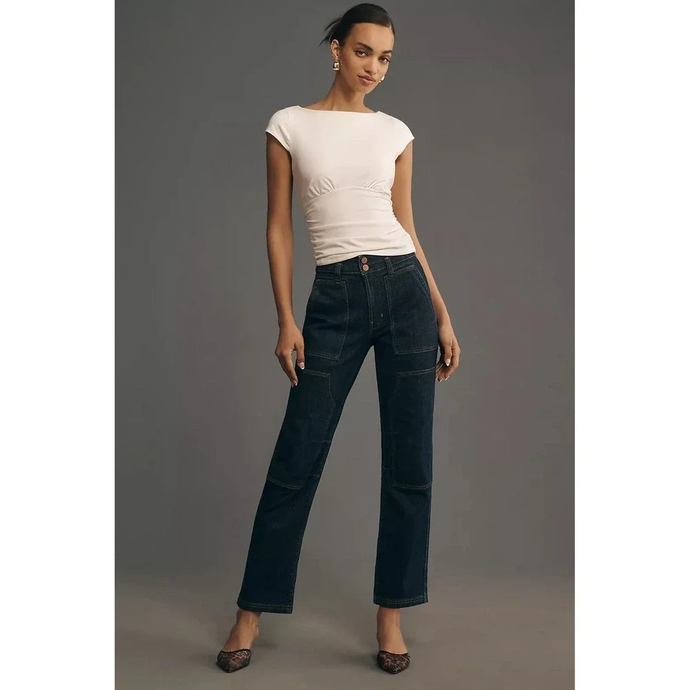 Pilcro anthropologie The Wanderer Mid-Rise Relaxed-Leg Jeans Size 29P Dark Wash